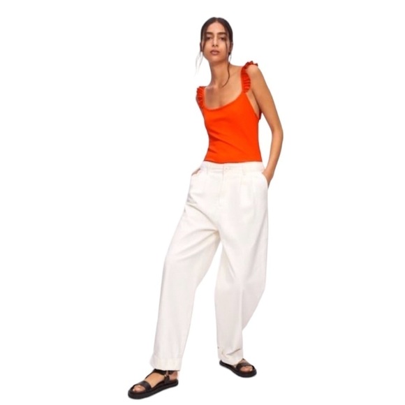 Zara Ribbed Ruffle Orange Sleeveless Bodysuit Small - Picture 2 of 9